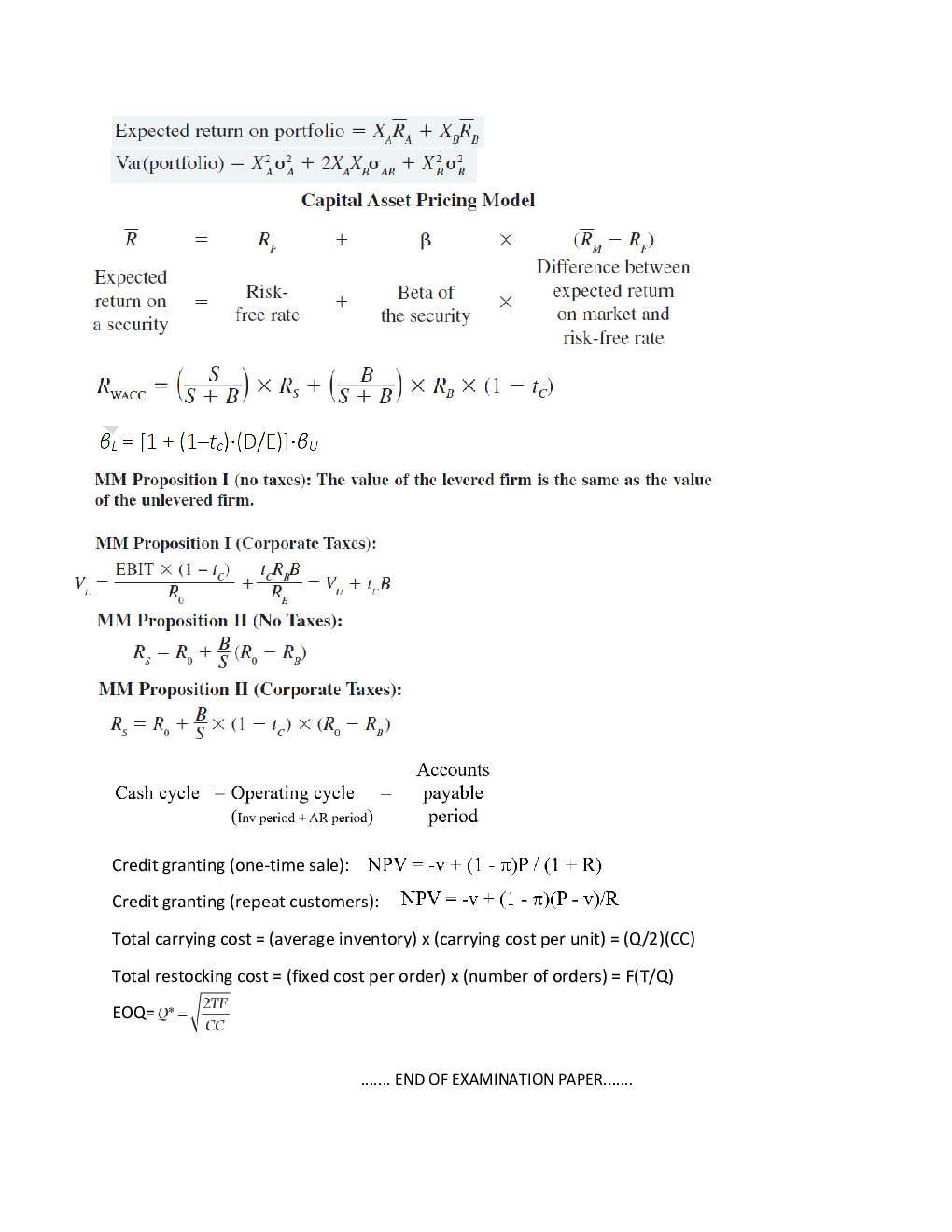Corporate finance BBUS - Final Formula sheet