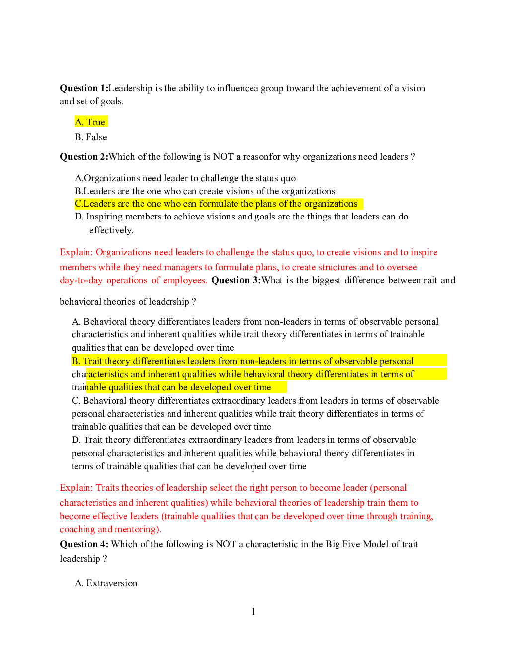 Organizational behavior BBUS - Test Bank - Revision for Final exam
