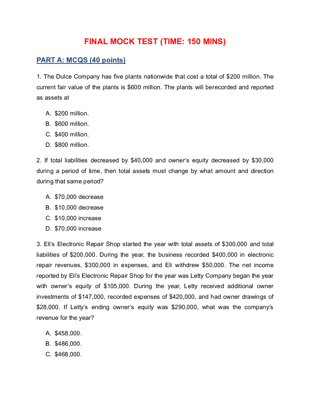 Principles of Accounting BBUS - FINAL MOCK TEST by UniTutor